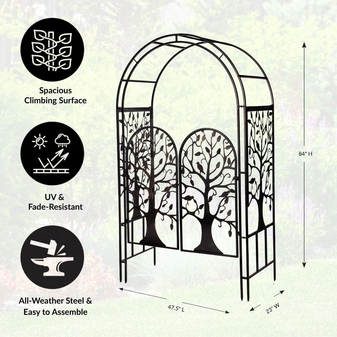 Plow & Hearth Arch Metal Outdoor Garden Arbor, 84 inches Tall, Iron Trellis Lattice for Climbing Plants, Wedding Arch, Outdoor Patio Décor (Tree of Life with Gate)
