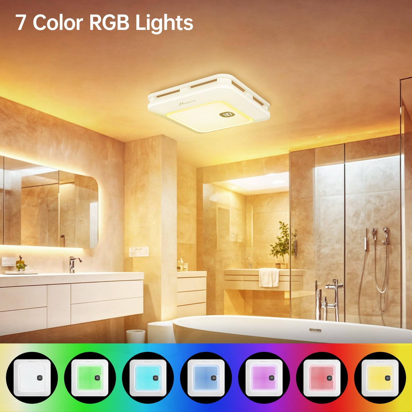 Hawkrown Bathroom Exhaust Fan with Bluetooth Speaker, 230 CFM 1.0 Sone Bathroom Exhaust Fan with Light, 3 Dynamic Light, 7 LED Color, 3 Color Temperatures, Nightlight,Remote, Easy Install (White)