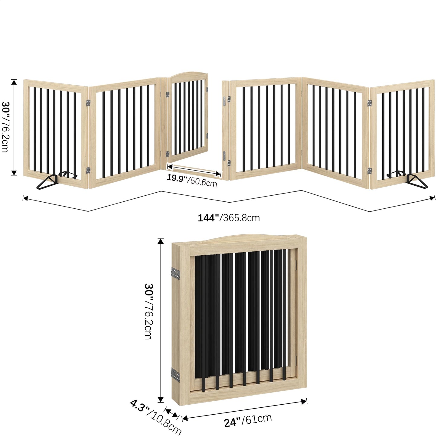 Vantas Folding Pet Gate 144" Wide, 30" Tall No-Assembly Wooden Dog Gate with Door Walk Through, Freestanding Puppy Safety Fence, 2PCS Support - Natural White