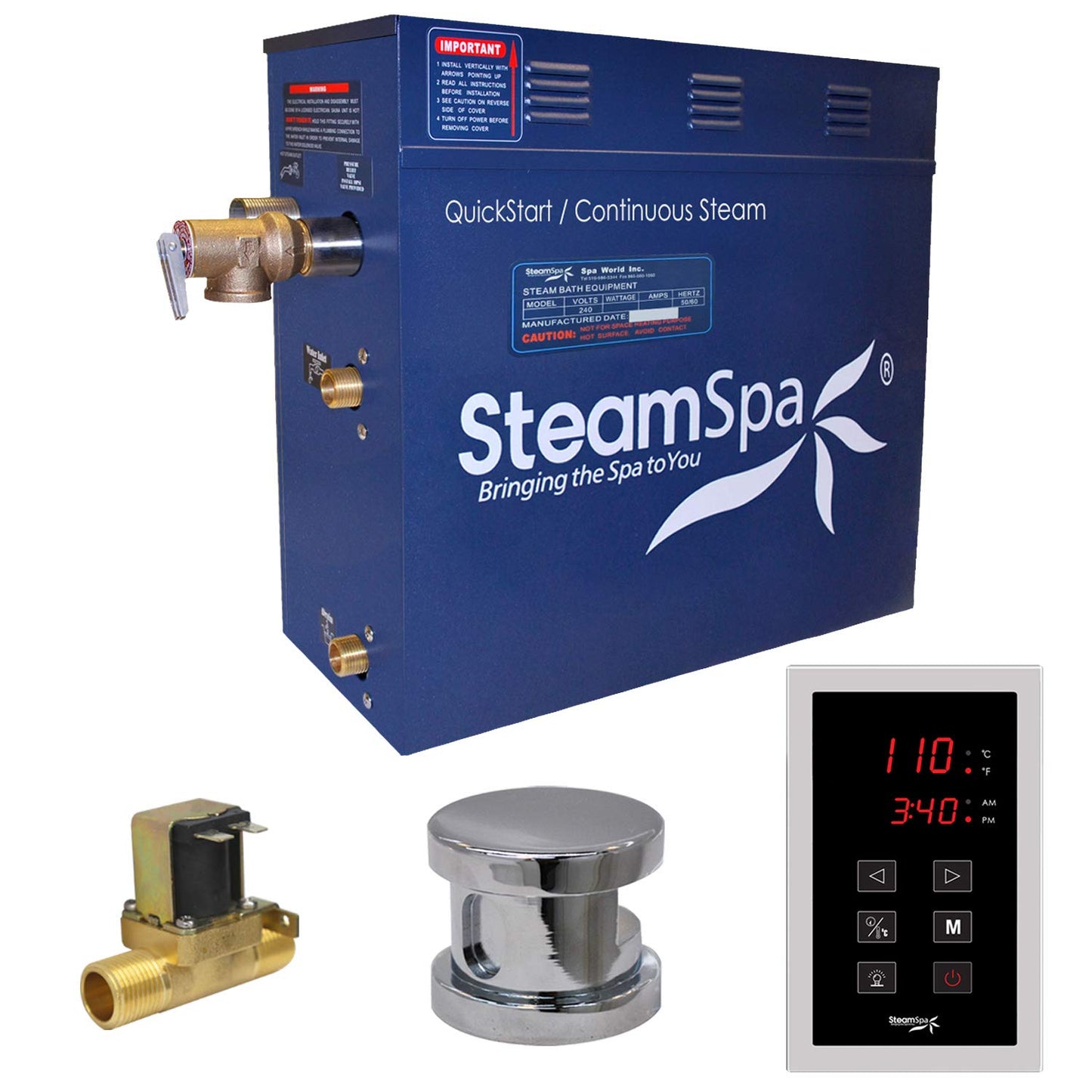 STEAMSPA 7.5kW Steam Sauna Generator Sentry Series 240V Steam Generator with Touch Screen, Steamhead, Built-in Steam Shower Auto Drain, ACU Quickstart Steam Bath Generator (Chrome)