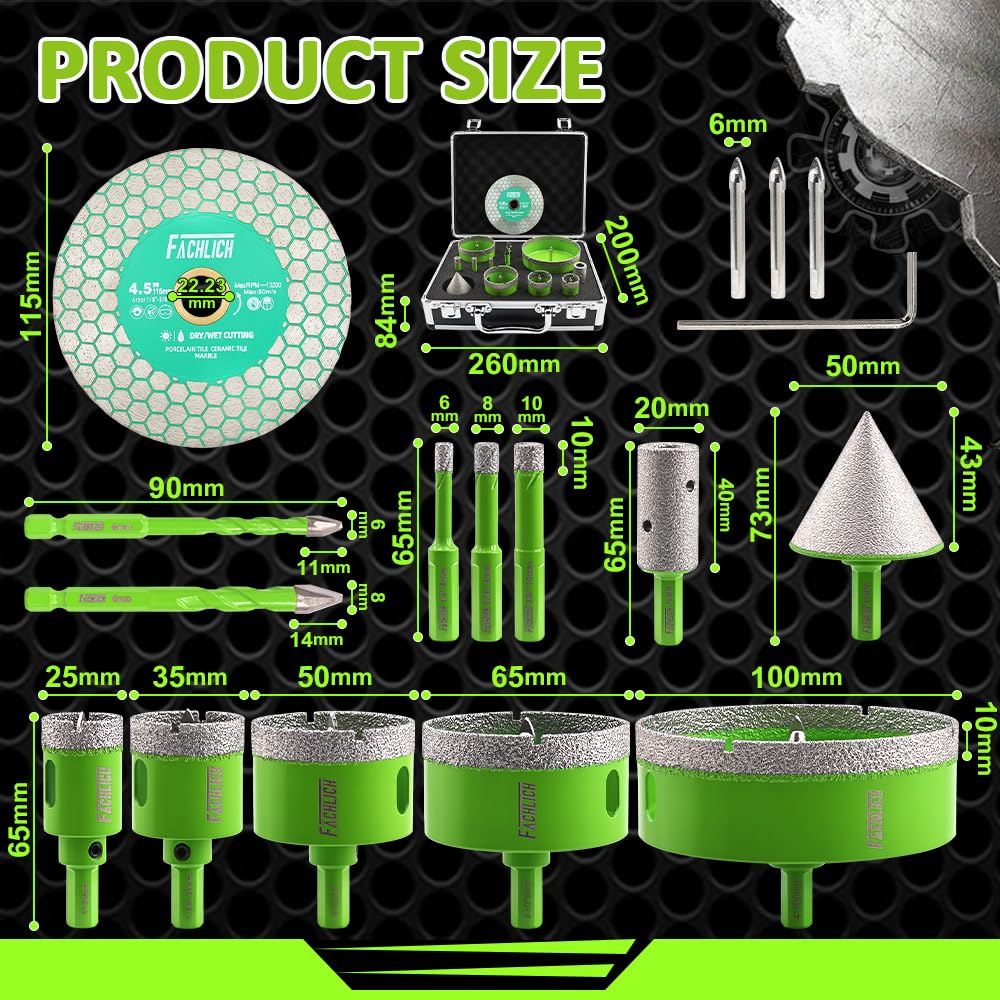FACHLICH Tile Hole Saw Kit - 16pcs Diamond Hole Saw (6/8/10/25/35/50/65/100mm) with Finger Bit and Chamfer Bit, Tile Drill Bits for Porcelain Ceramic Marble Brick Granite
