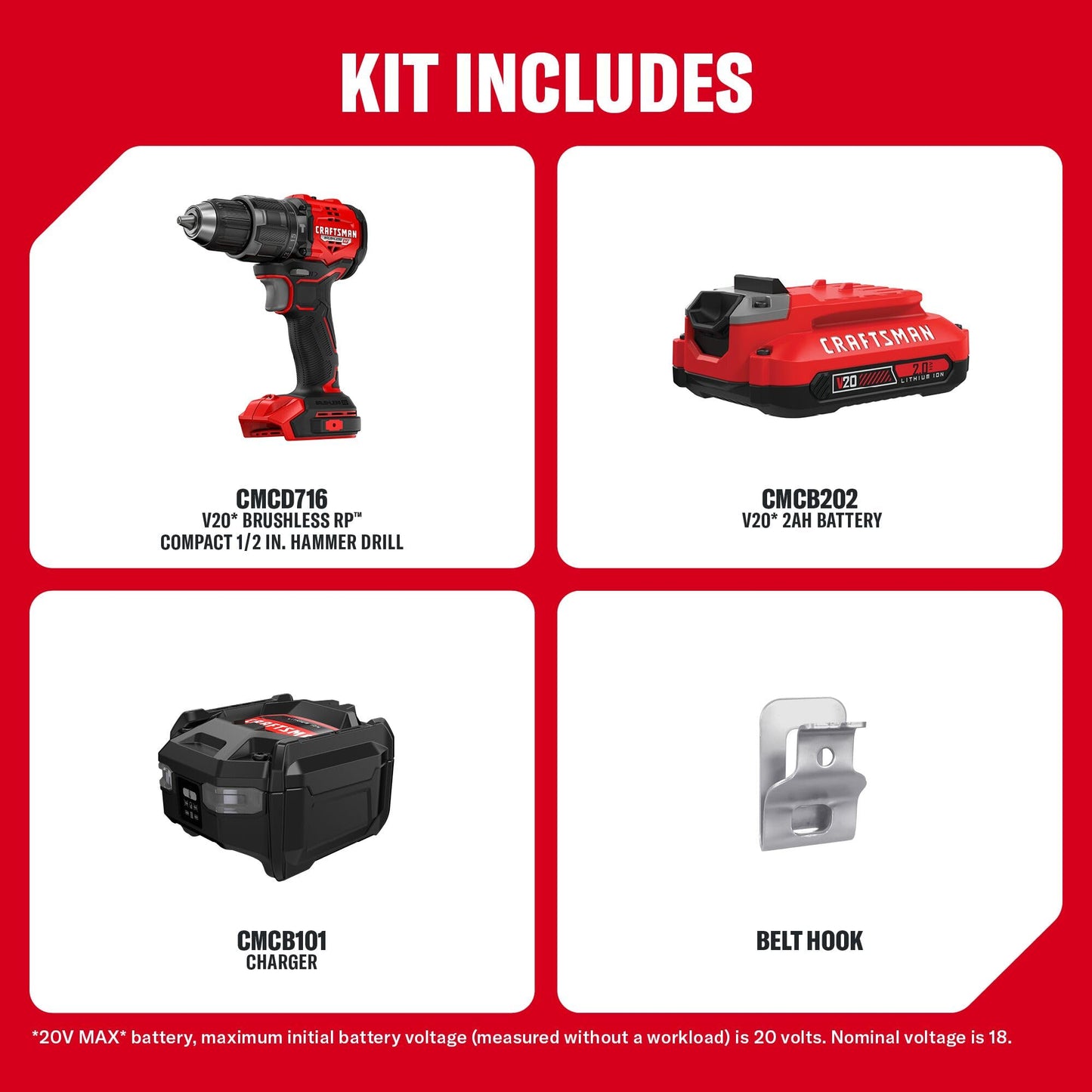 CRAFTSMAN V20* Brushless RP Compact 1/2-in Hammer Drill Kit (CMCD716D1)
