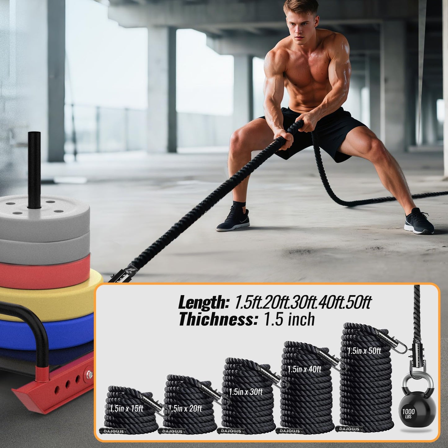 Keepark Weight Workout Sled Pulling Rope - Heavy Duty Workout Rope for Weight Sled, Tire Drag, Football Training - Fitness Resistance Exercise Equipment for Men & Women - 1.5 Inch x 50FT