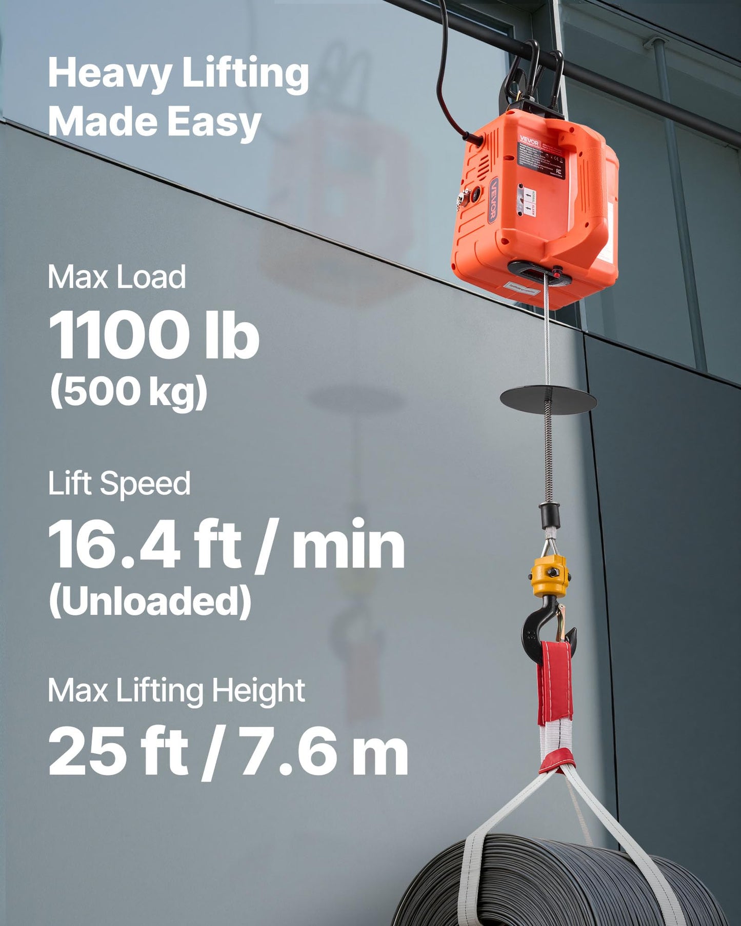 VEVOR 3-in-1 Electric Hoist Winch, 1100 lbs Capacity, 1500W Portable Electric Power Winch, 25 ft Lifting Height, 16.4 ft/min with Manual, Wired & Wireless Remote Control for Factory, Warehouss, Garage