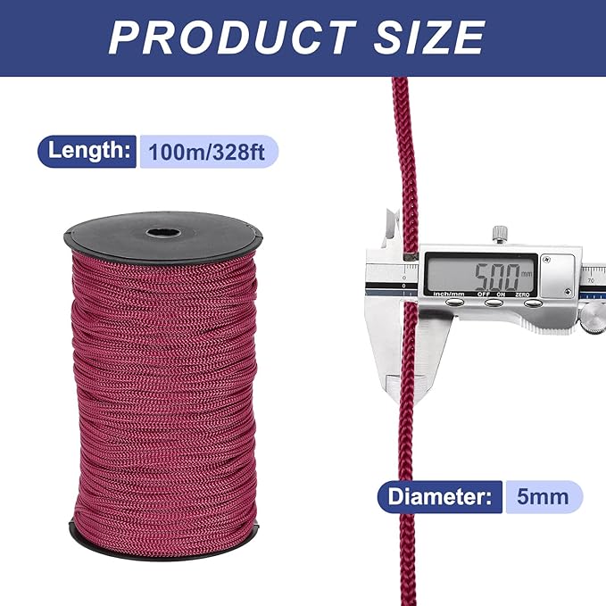 MECCANIXITY 3/16 Inch Polypropylene Rope Braided Ropes, 328ft Nylon Rope Hollow Utility Cord for Clothesline, Camping, Hiking, Outdoor, Brick Red