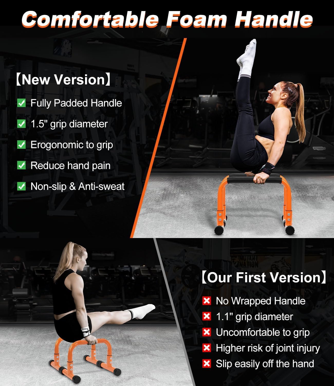 TABEKE Push Up Bar, 12 Inch High Non-Slip Parallettes Bars & Dip Bars With Foam Handles, Heavy-Duty No Wobbling Calisthenics Equipment For Handstand, L-Sit, Gymnastics, Strength Training Home Gym Use