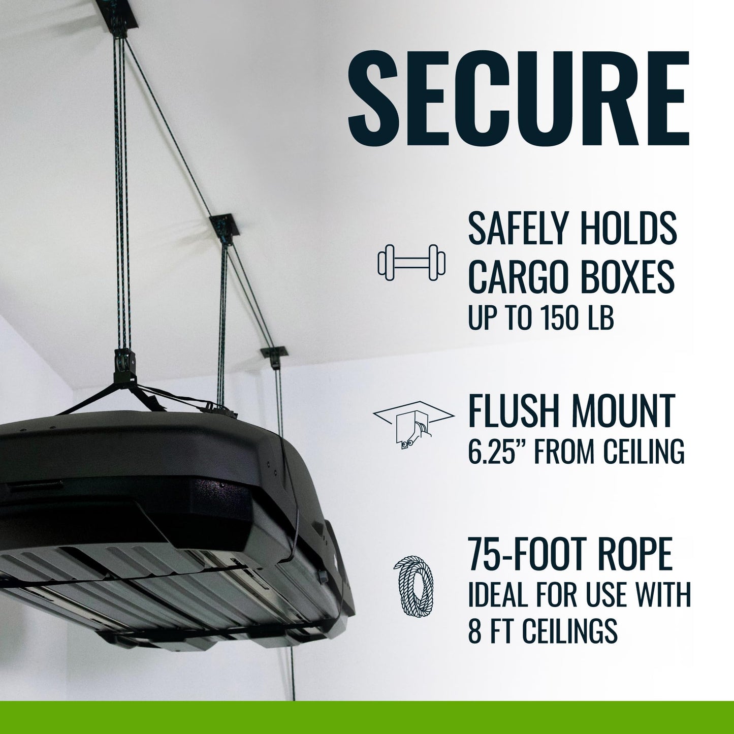Teal Triangle Heavy Duty Elite Cargo Box Hoist, Easy-Lift Garage Pulley System, Holds 150 lbs, Fits 8-Foot Ceilings, Patented No-Slip Strap, No Setup Required