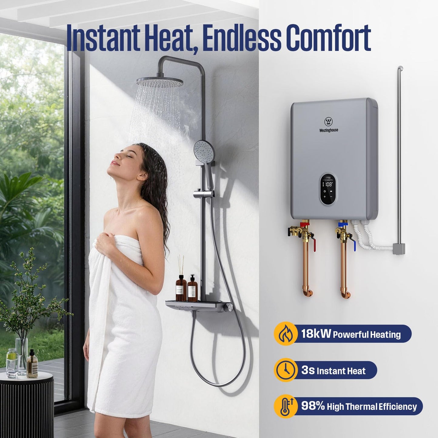 Westinghouse 18kW Electric Tankless Whole House Water Heater, 4.2 GPM Instant Hot Water on Demand, 240V, WIFI & Self Modulating High Efficiency, Copper Heating, LED Display, ETL Certified