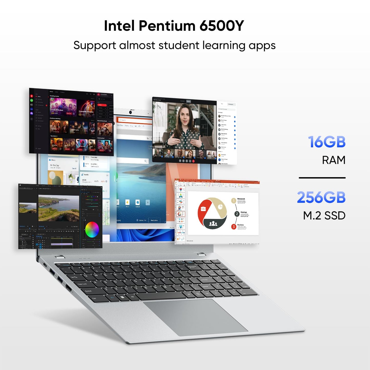 RIANIFEL Laptop Computer, 15.6 inch 1920x1080 FHD IPS Display, 16GB RAM / 256GB SSD Notebook PC with Intel 6500Y, Support 2.4G/5G Hz WiFi, BT5.0, MS 2024