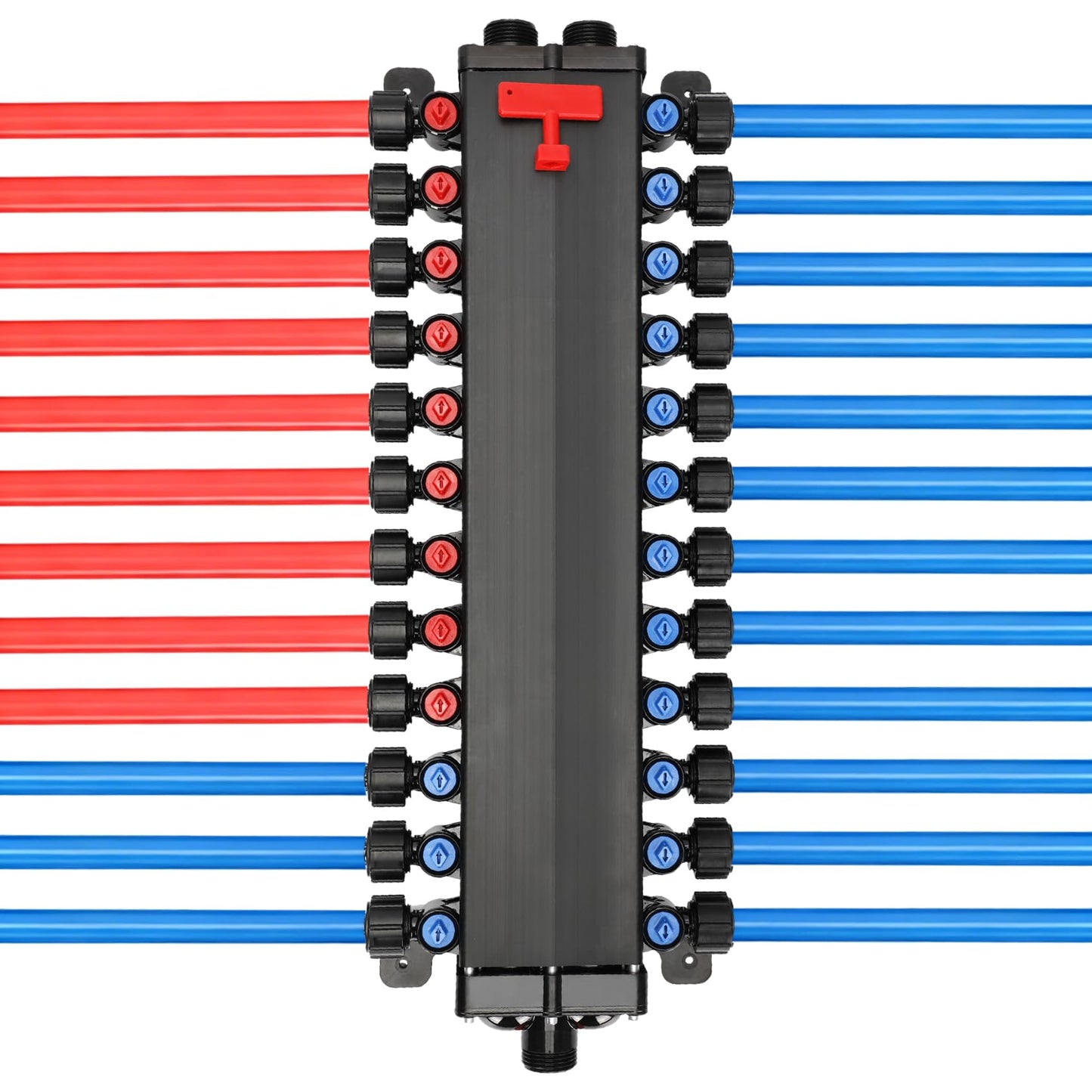 50243 Pex Manifold Compatible with Viega Manabloc, Homerun Distribution Pex Manifold with Valves, 1/2-Inch Zero Lead Poly Alloy PEX Crimp With 24 Ports Adapters(15 Cold, 9 Hot),Suitable for crimping.