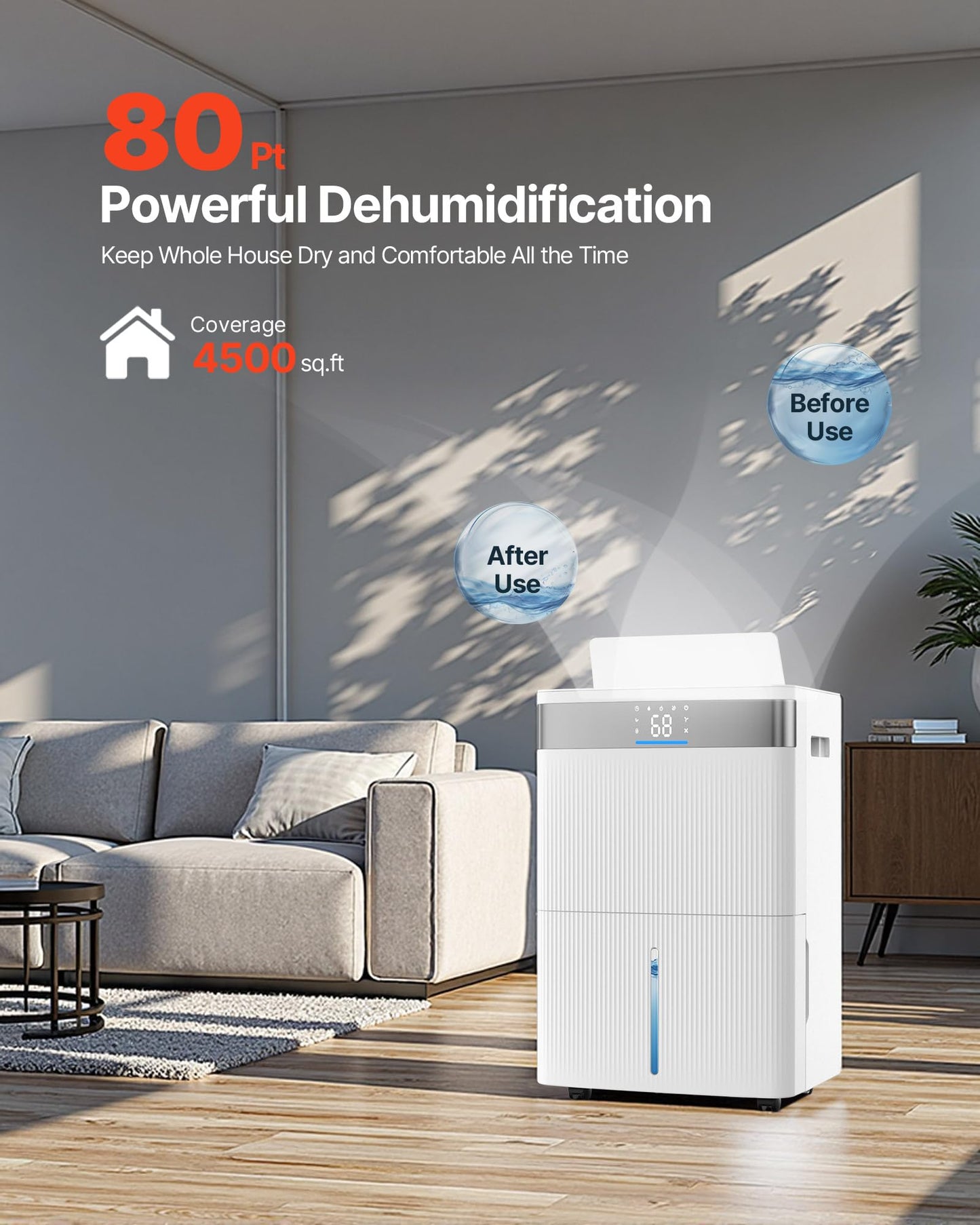 VEVOR 80 Pints Dehumidifier for Home & Basement, 4500 Sq.Ft Large Coverage, Drain Hose for Commercial & Industrial Use, Smart Humidity Control, Low Noise for Warehouses, Bathroom, Bedrooms & Storage
