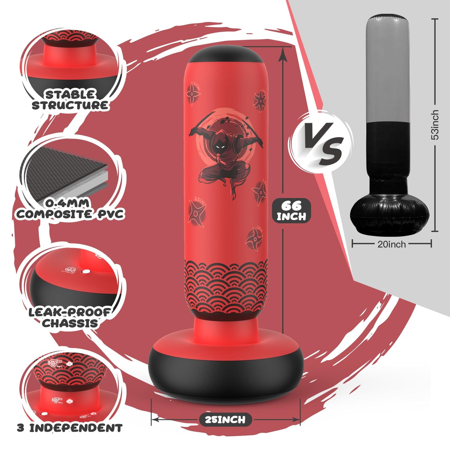 Sunikko X Tall Punching Bag for Kids, Larger 66 Inch Inflatable Stable Boxing Bag for Teens, Ninja Shuriken Toy Gifts for Boys Girls, Boxing Set with Gloves and Pump for Practicing Karate Taekwondo