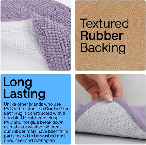 GORILLA GRIP Bath Rug Mat - 60x24 Thick Soft Absorbent Chenille | Quick-Dry Microfiber, Rubber Backing, Light Purple