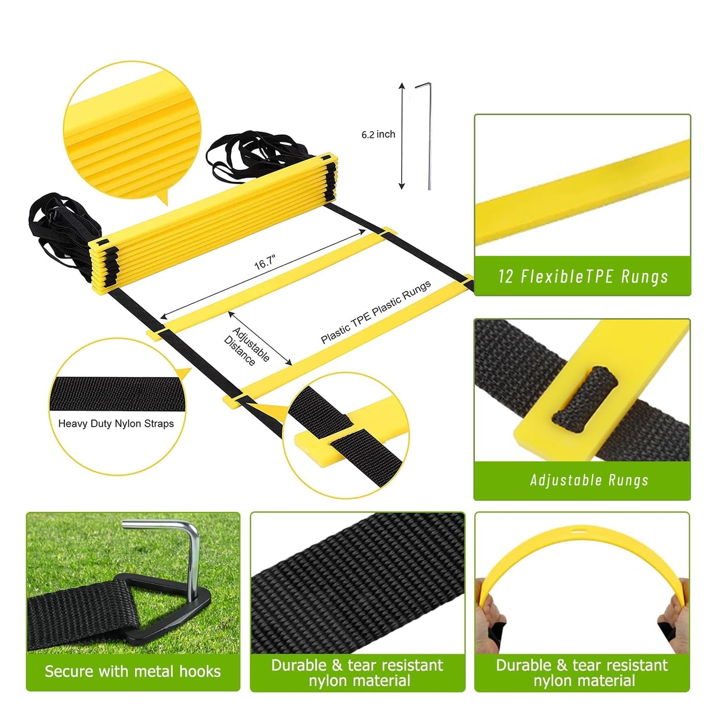 AOPUETRX 20FT Agility Soccer Ladder Training Equipment Set Football Gifts for Boys 8-14 with 12 Cones, Solo Trainer & Jump Rope, Suitable for Home Gym and Playground