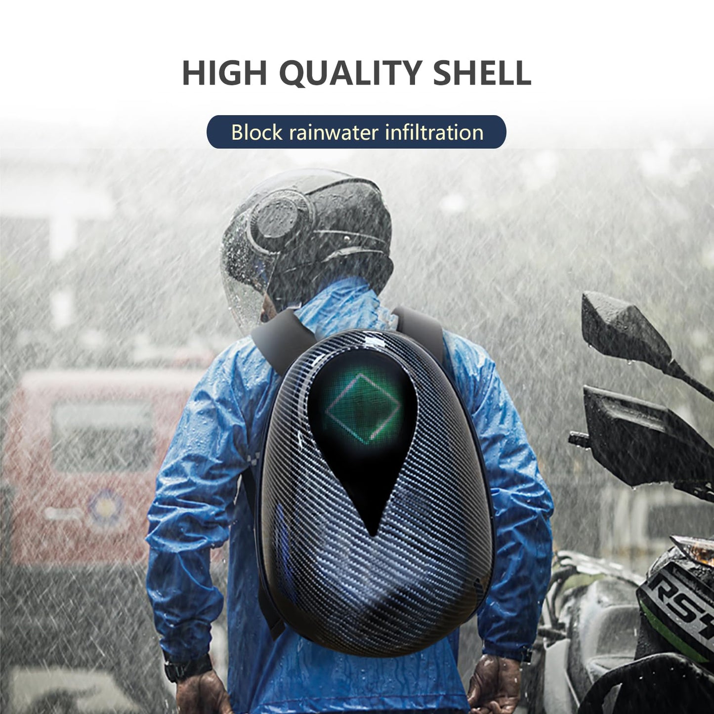 XMYIQI LED Motorcycle Backpack with Helmet Compartment | APP Controlled Display Bag | Waterproof Hard Shell | 30% Expandable | for Riders Construction Workers Commuters |Battery not included