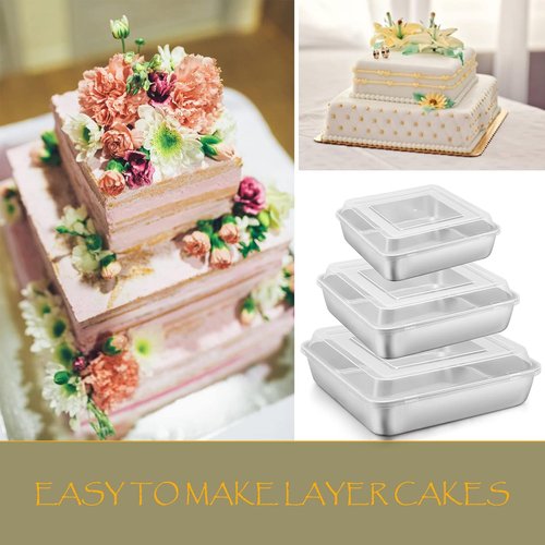 E-far Square Cake Pan Set - 6/8/9 Inch Stainless Steel Bakeware with Lids, Non-Toxic & Dishwasher Safe - 6 Pieces