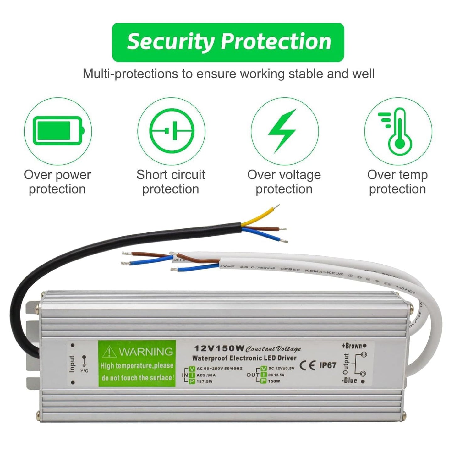 12V 12.5A 150W IP67 Waterproof Power Supply AC-DC Converter for CCTV Surveillance, LED Display, Outdoor Light and More