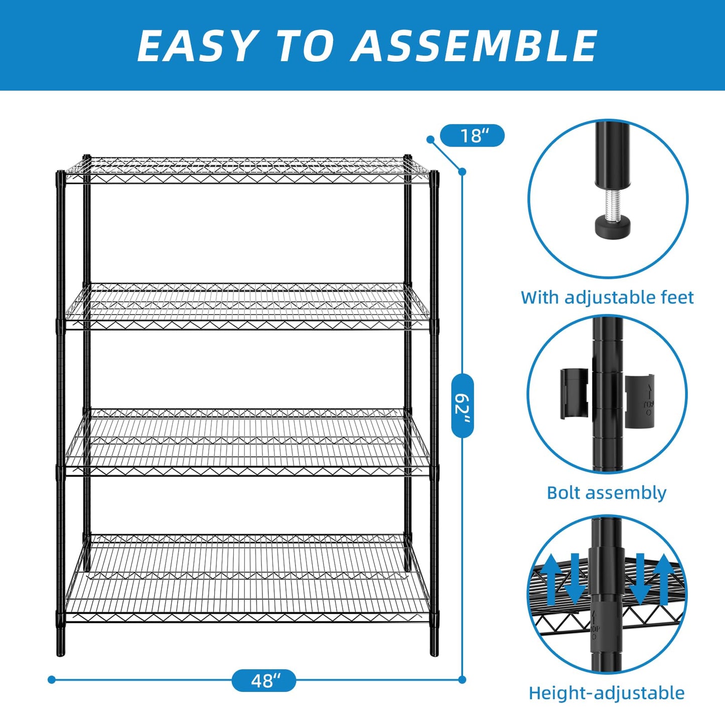 Guan River 4-Shelf Adjustable Metal Shelf Wire Shelving Unit Heavy Duty Storage Rack Display Shelf for Office,Kitchen,Bedroom,Bathroom,Laundry,Pantry Basement,Garage(Black,48" L x 18" W x 62" H)