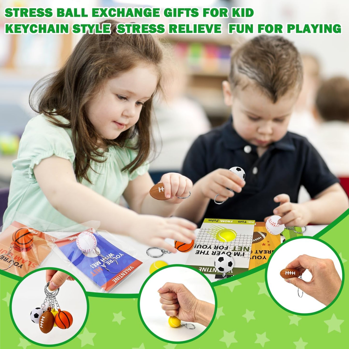Skiennix Sport Stress Ball | Valentine's Day Gifts for Kids - 28 Pack Mini Foam Balls with Keychains & Exchange Cards