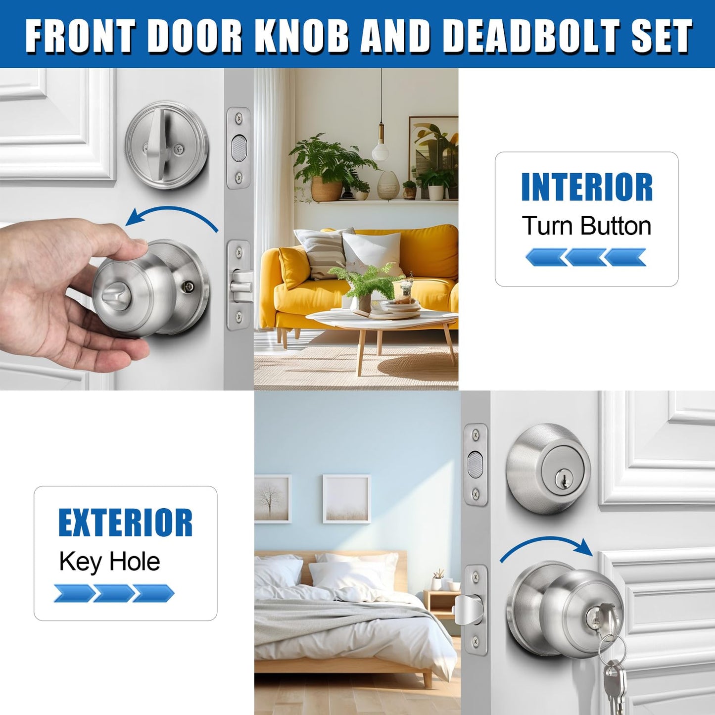 3 Sets Entry Door Knob and Single Cylinder Deadbolt Combo Set, Keyed Alike Round Ball Satin Nickel Exterior Door Knobs with Lock and Keys for Entrance and Front Door