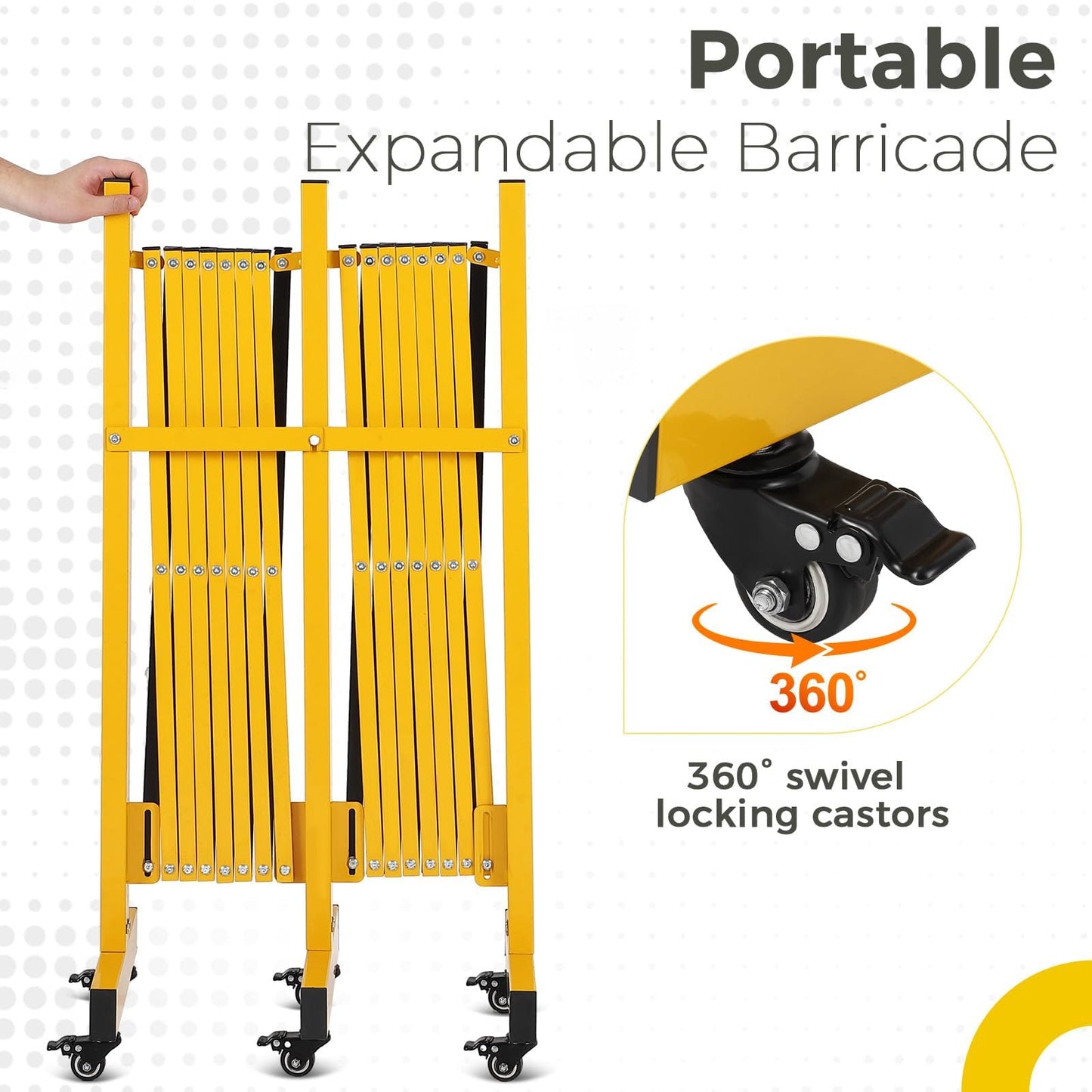 Expandable Barricade 8 ft, Industrial Metal Retractable Traffic Fence with Locking Casters, Portable Folding Security Gate for Construction, Crowd Control & Driveway