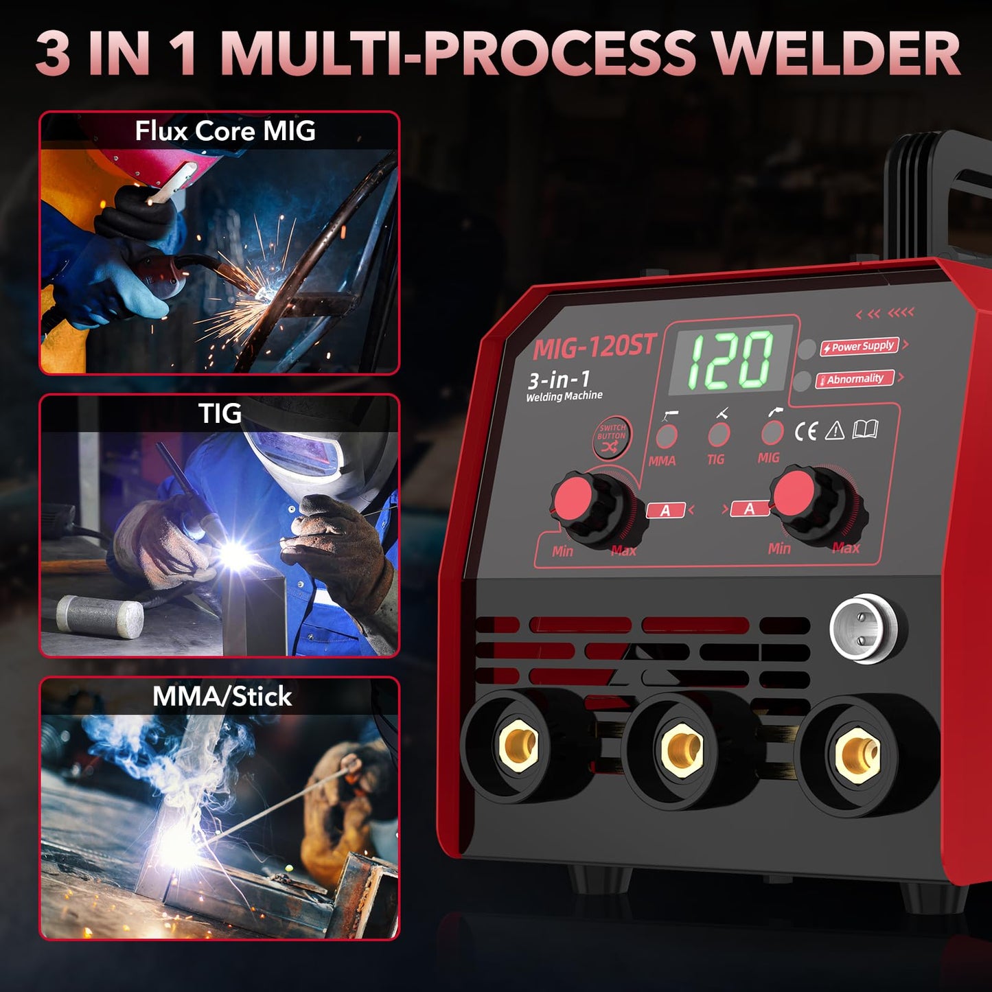 YesRight 120A Mig Welder, 3 IN 1 Gasless Flux Core MIG/Lift TIG/Stick Welder Machine with Synergy, 110V Multiprocess Welding Machine with Welding Googles Rods Wire for Beginners & Professionals
