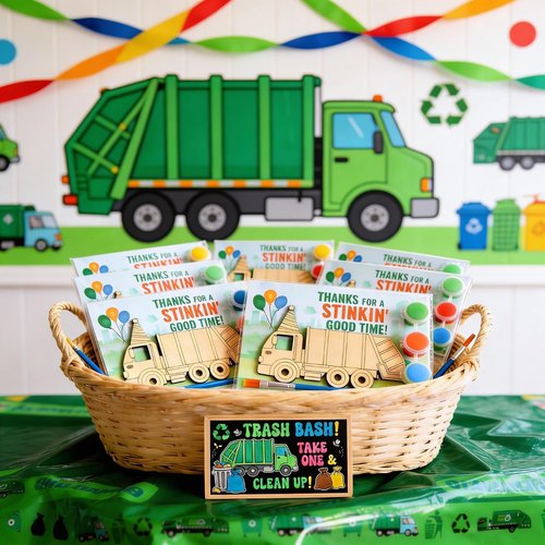 12 Pack Garbage Truck Party Favors for Kids – Individually Wrapped Paint Your Own Wooden Magnet Craft Kits with Thank You Card, Trash Day Birthday Supplies for Boys & Girls