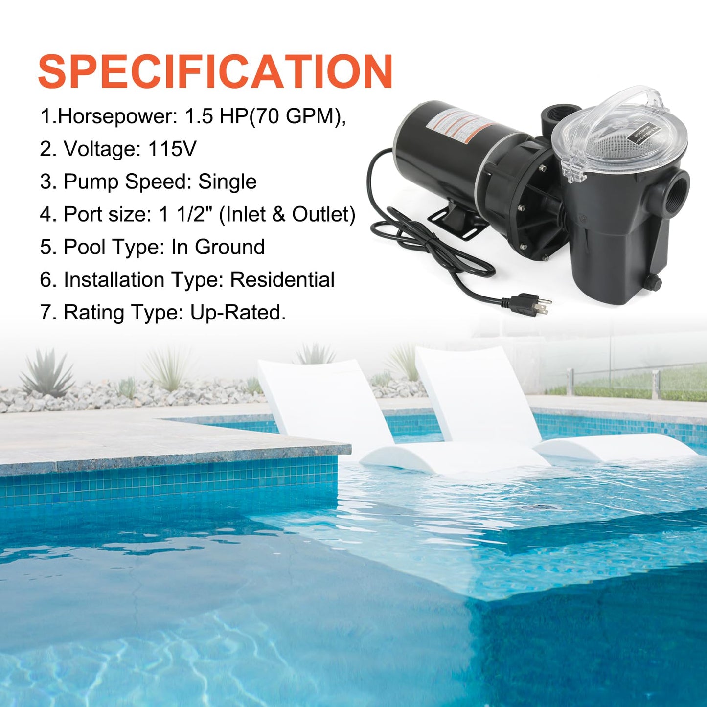 Pool Pumps Above Ground 1.5 motor HP W3SP1580X15 Power Flo LX Single Speed Swimming Pools Pump 115V,11.2A,60HZ,3450RPM for In-Ground Pool and Spa