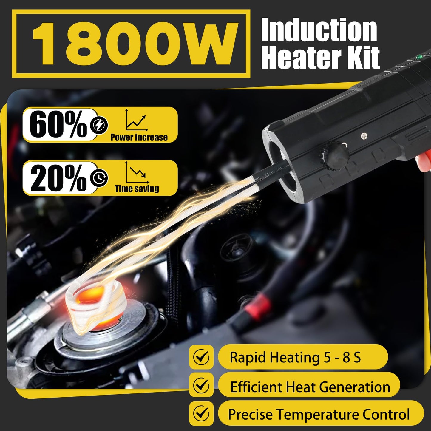 Magnetic Induction Heater Kit, 1800W Induction Heating Bolt Removal, Lightweight Induction Bolt Buster for Rusty Screw Removal with 4 Coils And Storage Box, Single Handed Operation, 8S Heating Up