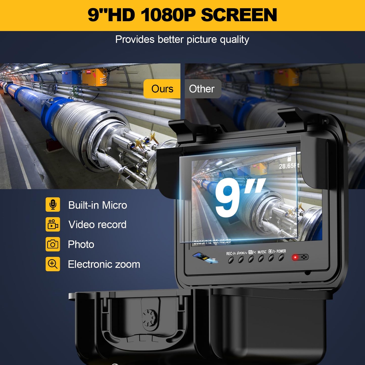 Anysun Self-Leveling Sewer Camera with Distance Counter, 0.28in/7mm Diameter 165ft Cable, 9'' 1080P IPS Screen, Pipe Inspection Camera with DVR Recording-32GB