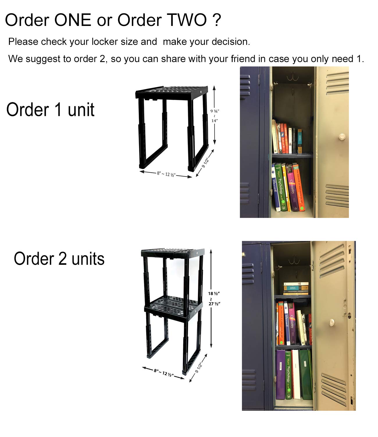 Locker Organizer Shelf， Adjustable Width and Height, Ideal Locker for School, Office, and Gym Lockers (Black)
