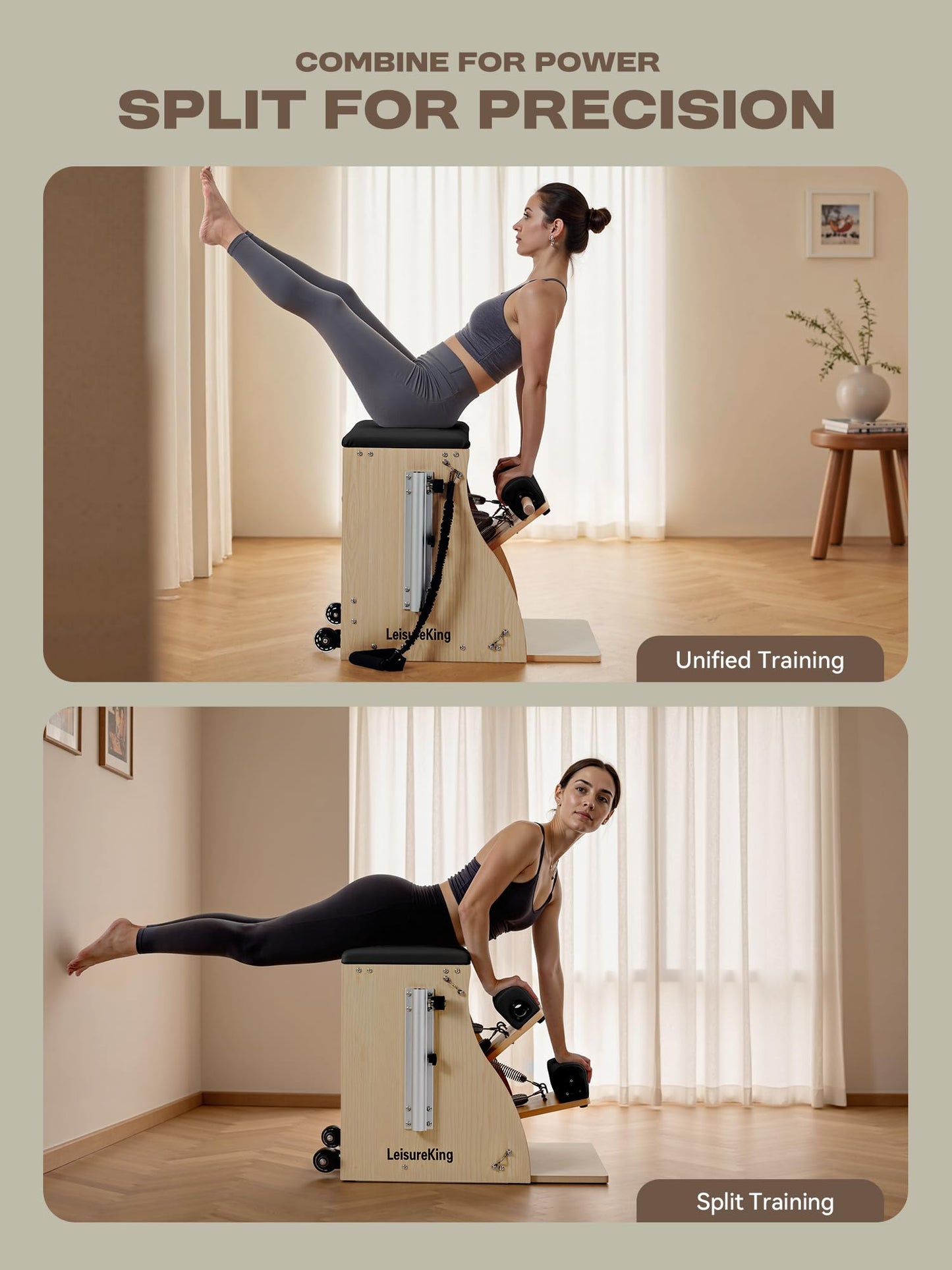 LeisureKing Pilates Combo Chair for Home Workouts, Wunda Chair with 5-Level Handles, Split Pedals, Resistance Bands, for Studio, Gym, Pilates Workout, Rehabilitation Exercises, Easy Assembly, Black