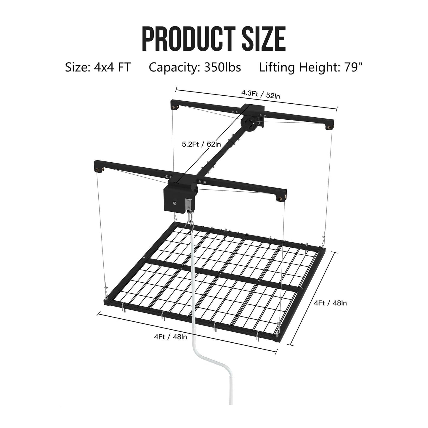 ExploreHorizon 4x4 FT Overhead Garage Lifting Storage Rack, 350 lbs Capacity & 79" Lifting, Metal Garage Ceiling Rack, Adjustable Storage System with Safety Lock