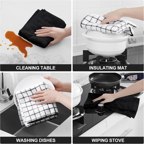 Homaxy Premium Cotton Kitchen Towels - Super Absorbent 390 GSM Dish Towels | 16"x28", Black Check Design, 6 Pack