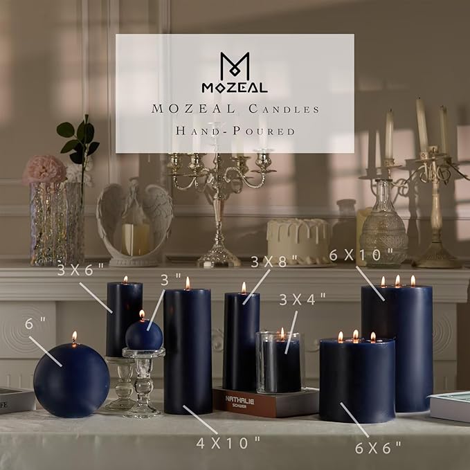 MOZEAL 4" x 12" Extra-Large Navy Blue Pillar Candles (Set of 2), Unscented,Dripless, Smokeless,Long Clean-Burning,These Tall 12 inch Large Blue Pillar Candles Perfect for Weddings and Christmas Decor