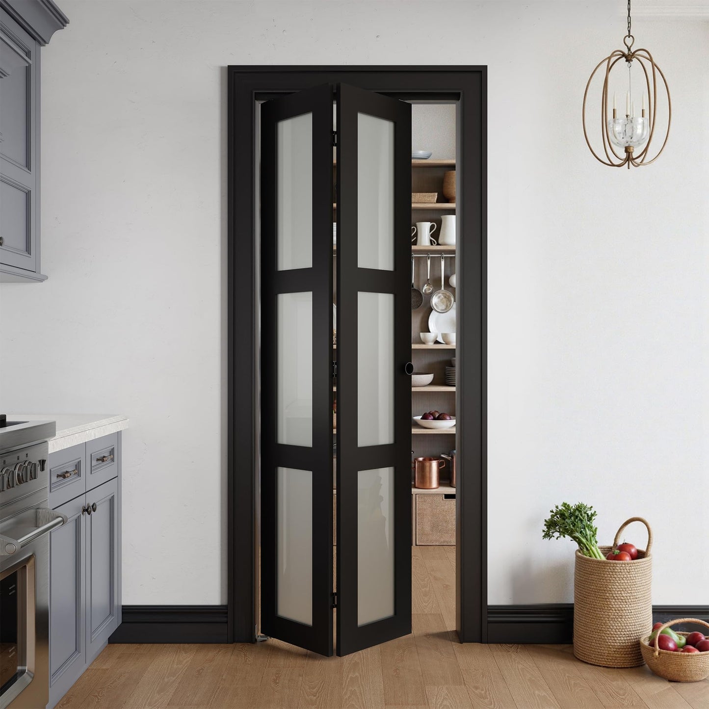 COSHOMER Bifold Doors for 30" x 80" Opening, 3-lite Tempered Frosted Glass Closet Folding Doors with Hardware kit Included, Easy Assembly, Black
