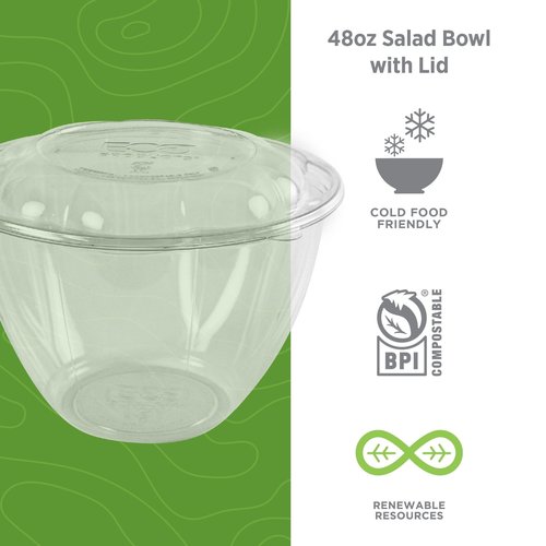 Eco-Products Compostable 48oz Clear PLA Plastic Large Salad Bowl With Lid, Case of 150, Grab 'n' Go Round Cold Takeout Food Containers, Renewable Plant-Based, Disposable, ASTM Compliant, BPI-Certified