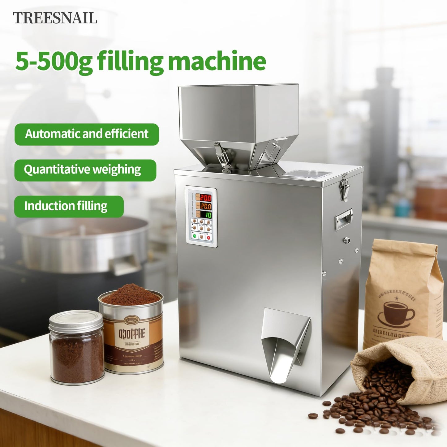 TREESNAIL 5-500g (0.011-1.1lbs) Powder Filling Machine, Automatic Intelligent Particle Weighing & Dispensing Filler for Tea, Coffee, Flour, Spices, Granules, 10-12 Packs/Min, 110V