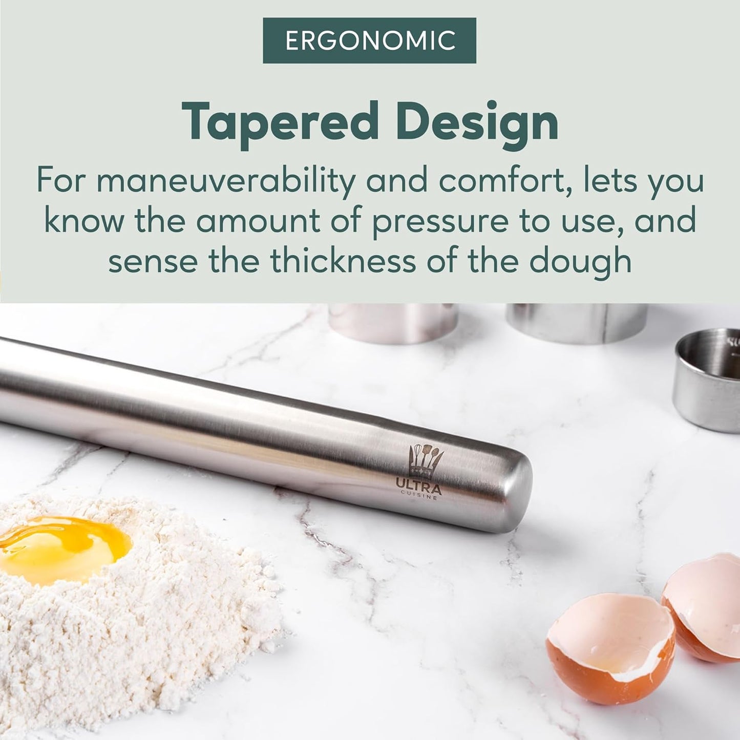 Ultra Cuisine French Rolling Pin - Tapered Design for Baking Pizza, Cookies & Pastry Dough | 15.75-Inch Stainless Steel