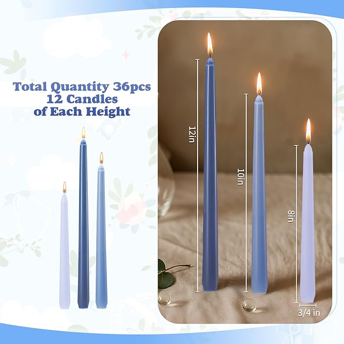 MTLEE Taper Candles 8/10/12 Multi Height Unscented Taper Candles 8 Burn Hours for Dinner Decorative Home Decoration Wedding Party Candlesticks (Gradient Blue,36)