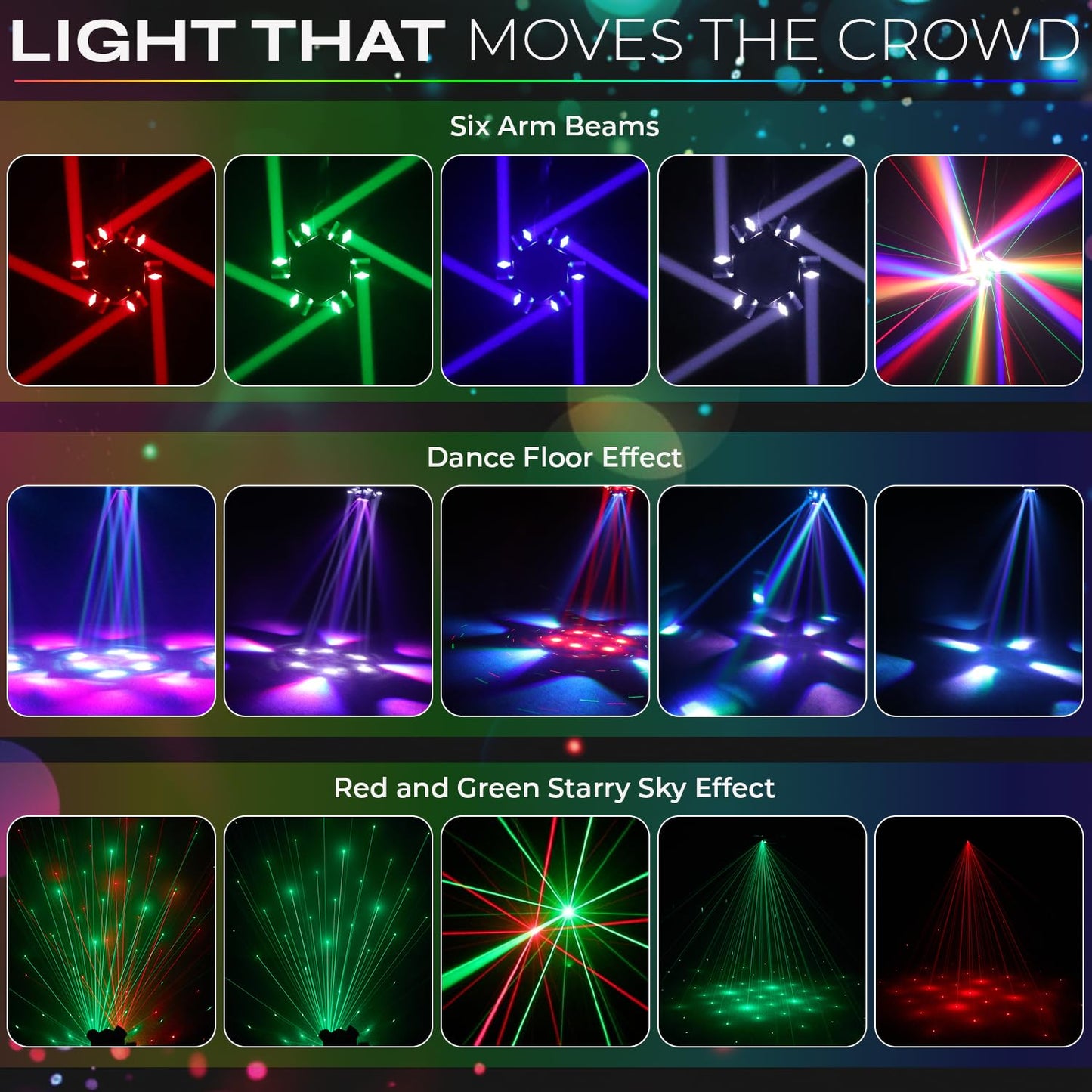 Flashback Events 150W Moving Head DJ Light – 6-Arm Spider Beam & Bee-Eye Wash Hybrid + Red/Green Laser & Amber Strobe – DMX512 & Remote Control for Wedding Stage Party Lighting