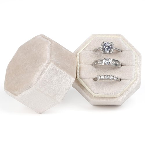 MFXIP Velvet Ring Box, 3 Slots Wedding Ring Box, Vintage Octagon Premium Jewelry Display Holder Gift Box with Detachable Lid for Engagement Wedding Box Keepsake Box Bridal Photo