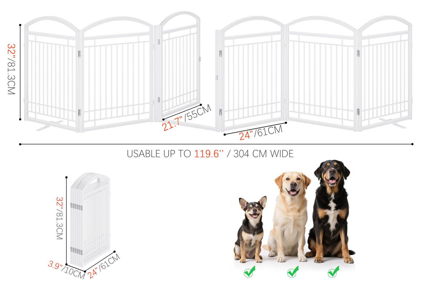 THKKY Folding No-Assembly Metal Freestanding Dog Gate with Door Walk Through,32" Height Pet Fence,144" Extra Wide Accordion Puppy Folding Playpen for Doorways,House,Stairs (6 Panels,White)