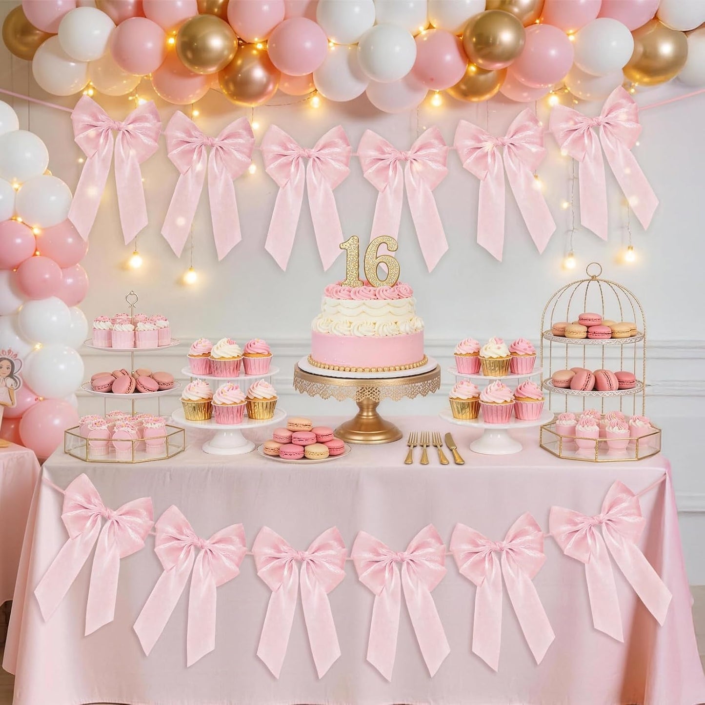 Skiennix 6.5ft Pink Bows Garland Banner - 6 Pcs Pre-Strung Bow Party Decorations for Birthdays & Showers