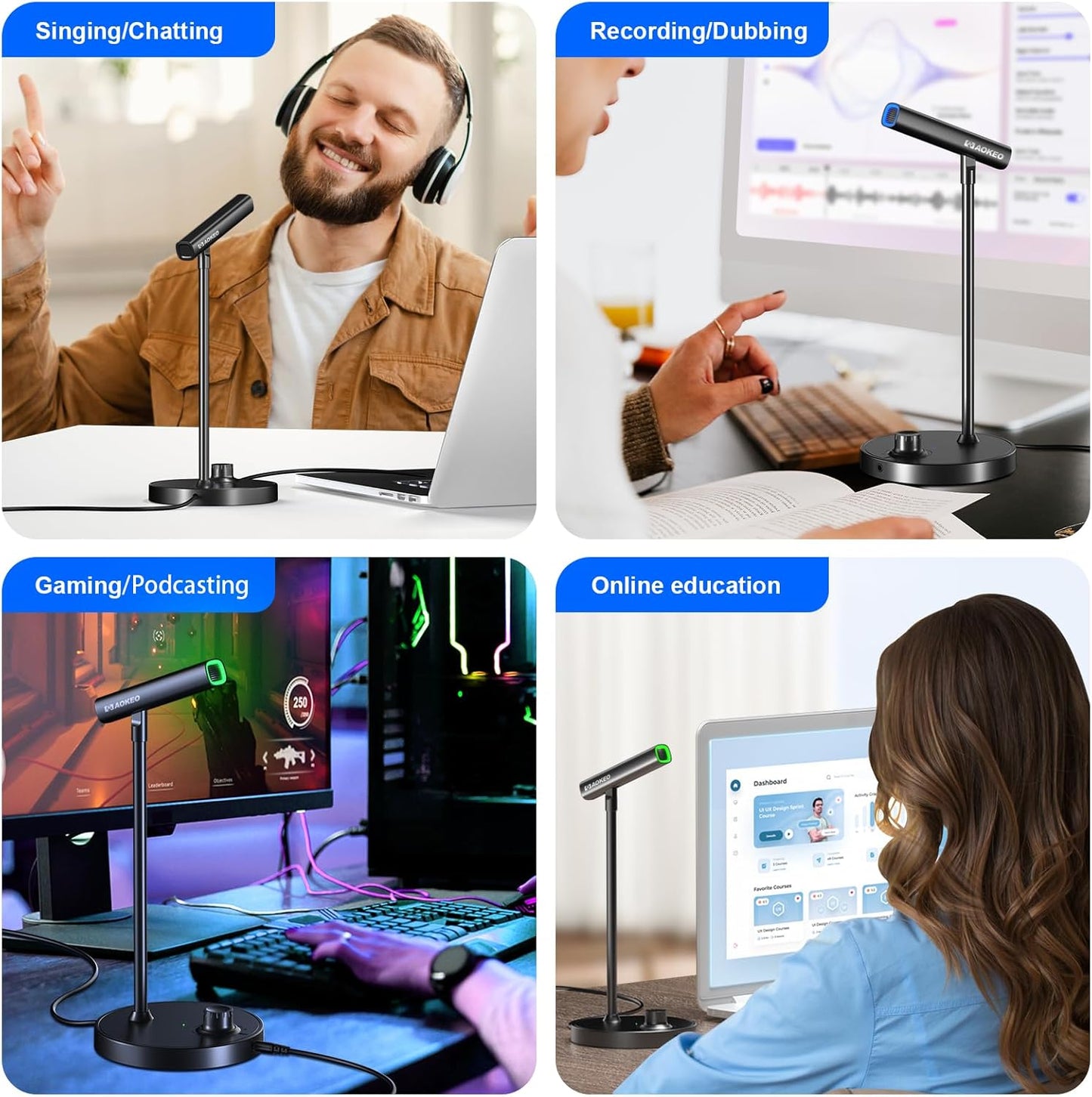 Aokeo USB Desktop Microphone, Computer Microphone for PC with Noise Cancellation & Click to Mute Function