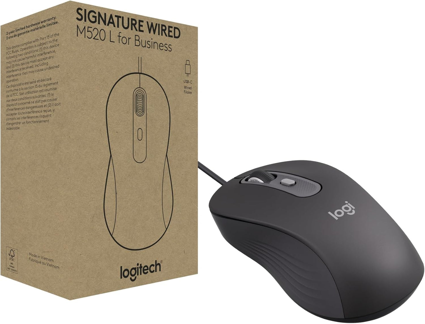 Logitech M520 Signature Wired L for Business, Optical Wired Mouse, USB-C Plug-and-Play, Windows/Mac/Chrome/PC/laptops