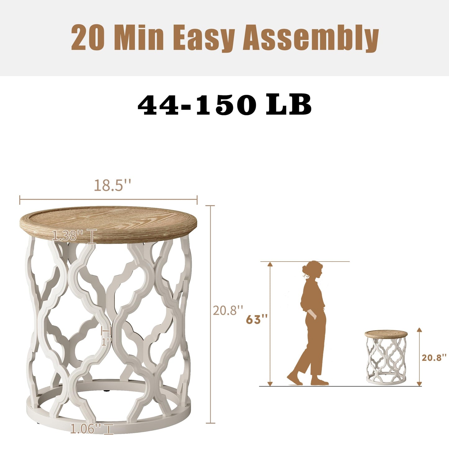 karlott Farmhouse End Table, 18.5'' French Country Round Side Table, Distressed Tray Top Side Table with Curved Motif Frame Base for Boho, End Tables Living Room, Bedroom, Small Space, Cream Beige