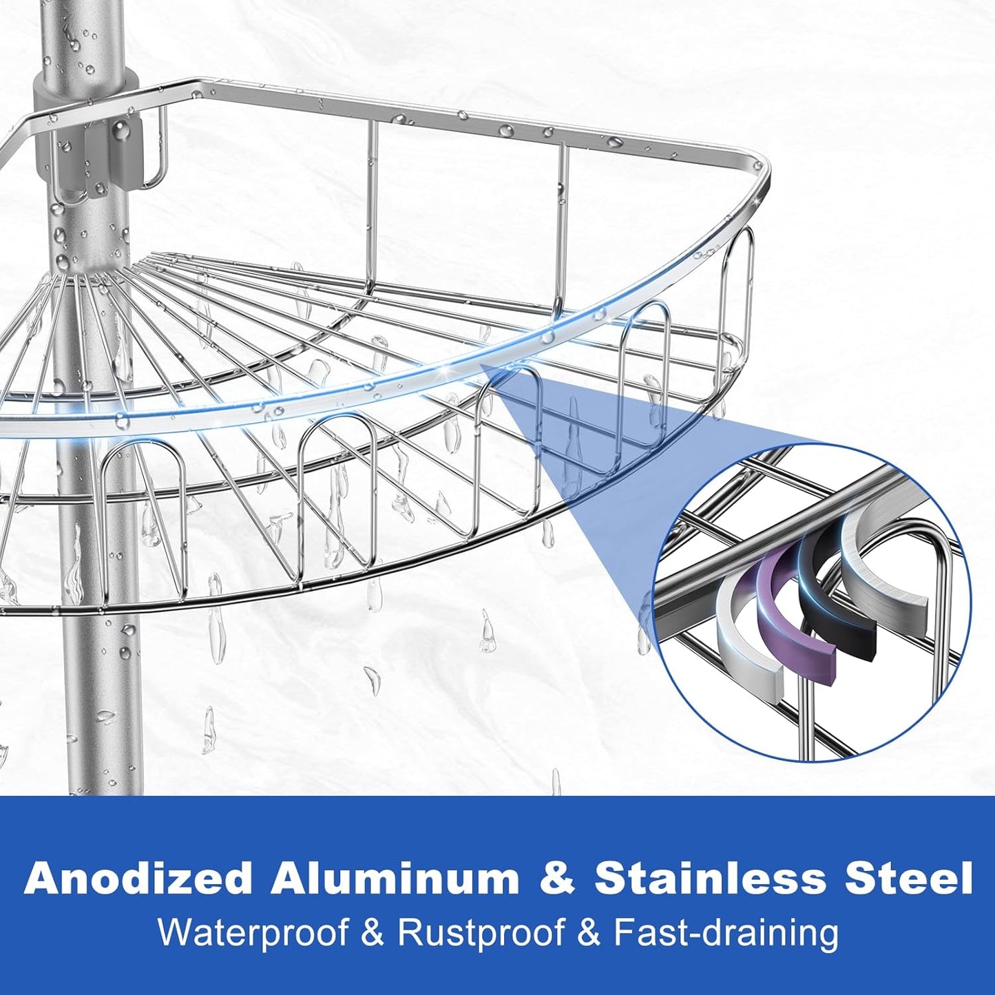 Skiennix Corner Shower Caddy - Aluminum Tension Pole Organizer with 4 Adjustable Rustproof Shelves | 47-121 Inch, No Drilling, Quick Installation