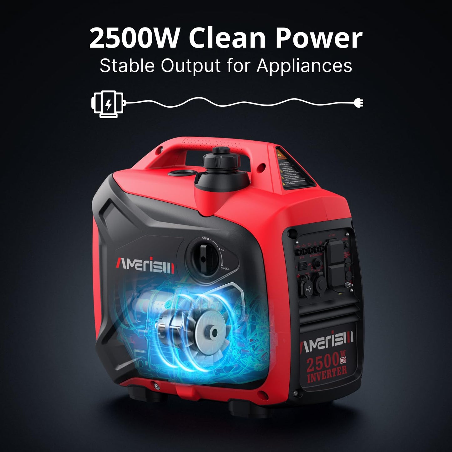 AMERISUN 2500-Watt Inverter Generator, Super Quiet & Lightweight Gas Powered Generator, CO Sensor, RV Ready Parallel Capable, Long Run Time for Camping, Tailgating and Home Use