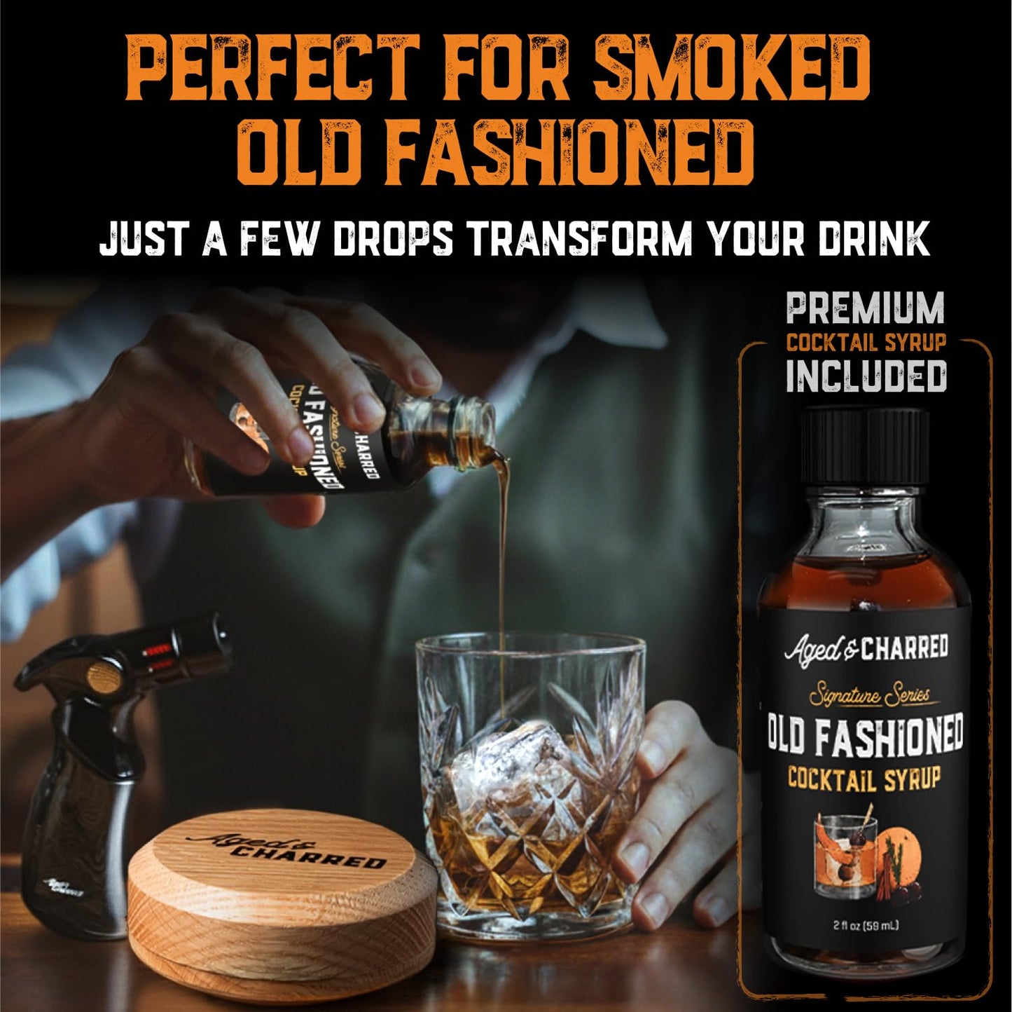 Whiskey Smoker Kit with Torch and Butane and Old Fashioned Syrup - 8 Flavors Wood Chips, 100% USA Oak, High-End Set - Old Fashioned Bourbon Cocktail Smoker Kit Gift for Men Dad